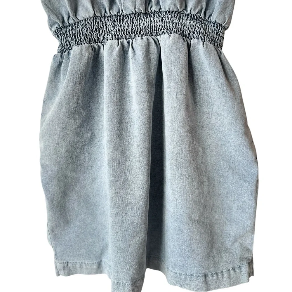 Blue Blush Cotton Blend Faux Denim Balloon Sleeve Dress - Picture 16 of 16